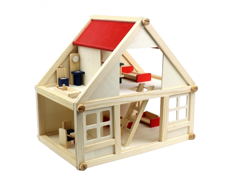 wooden doll house with furniture