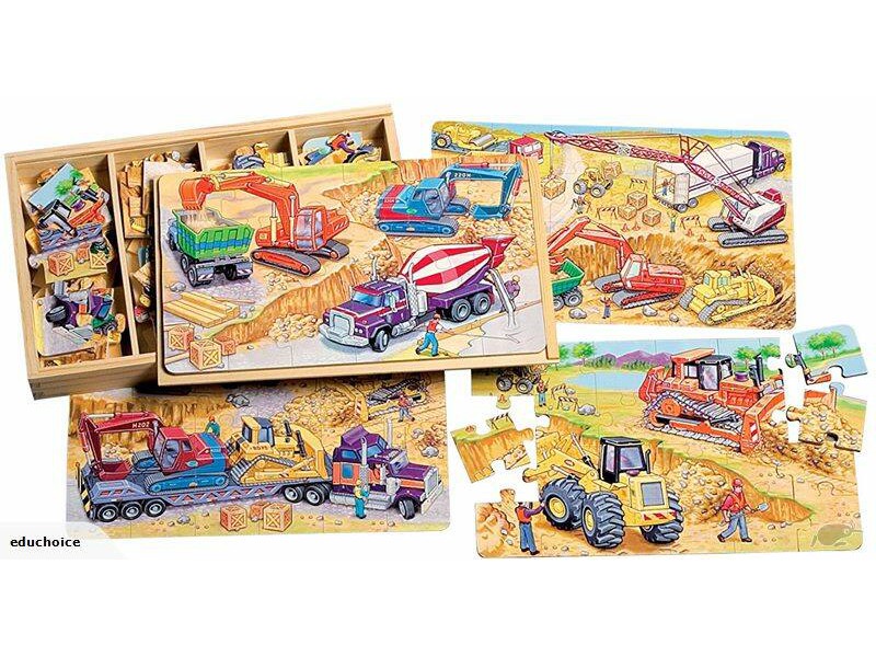 Wooden 4 in 1 puzzle - Construction vehicles